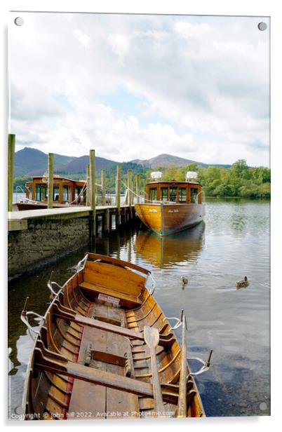 Derwentwater jetty and North Western fells Cumbria(portrait) Acrylic by john hill