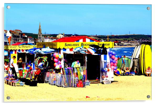 Beach kiosks on the sands at Weymouth Acrylic by john hill