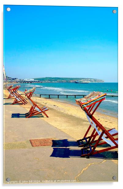 Early morning deckchairs at Sandown bay, Isle of Wight. Acrylic by john hill