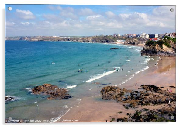 Beaches at Low tide at Newquay in Cornwall.  Acrylic by john hill