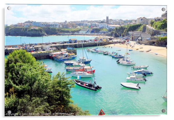 Harbour beach and Towan beach during High tide at Newquay in Cornwall. Acrylic by john hill