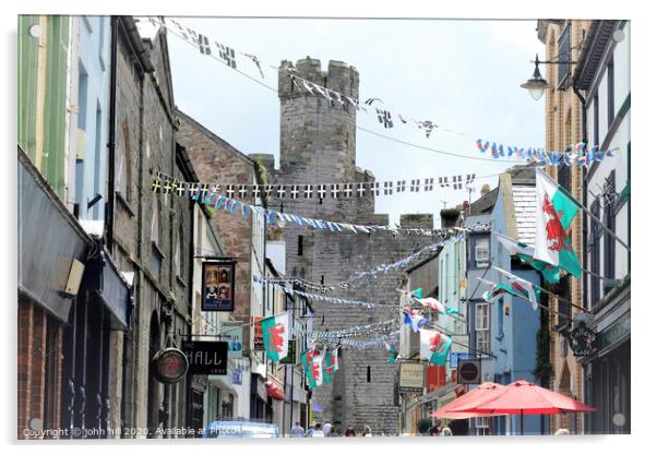 Flags and bunting at Caernarfon in Wales. Acrylic by john hill
