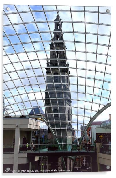 The Holy St. Trinity church seen through shopping centre roof at Leeds in Yorkshire. Acrylic by john hill