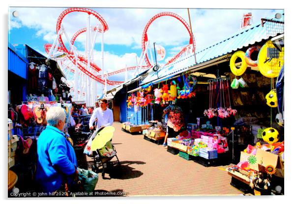 Ingoldmells outdoor market with funfair behind at Skegness in Lincolnshire. Acrylic by john hill