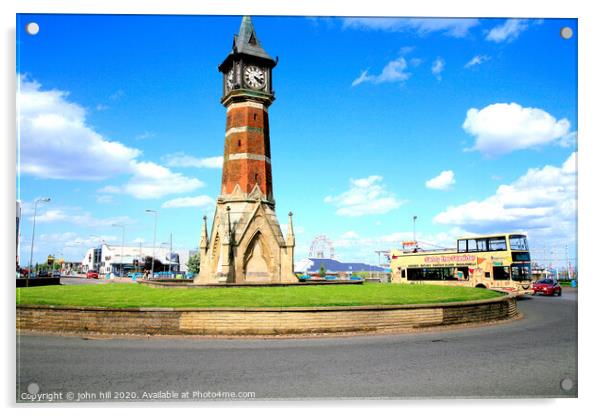 The landmark clock tower against a blue sky at Skegness in Lincolnshire. Acrylic by john hill