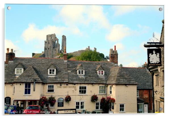 Corfe Castle from the town square in Dorset. Acrylic by john hill