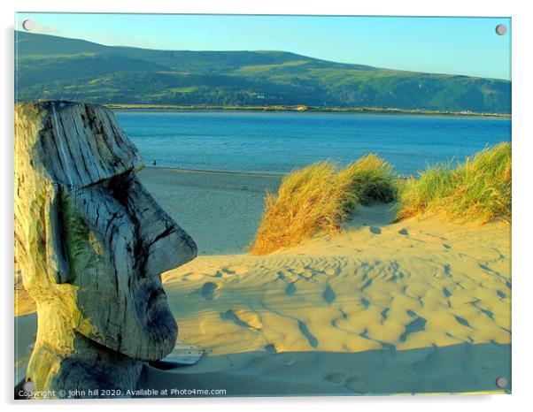 Wooden sculpture on the beach at Barmouth in Wales. Acrylic by john hill