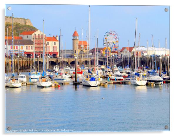 Harbour marina and funfair at Scarborough in Yorkshire.  Acrylic by john hill