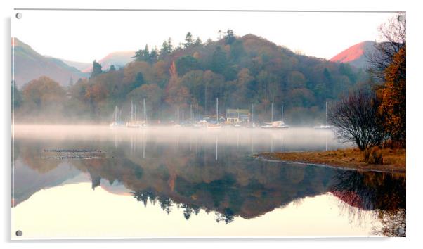Yachts in the mist at Derwent Water in Cumbria. Acrylic by john hill