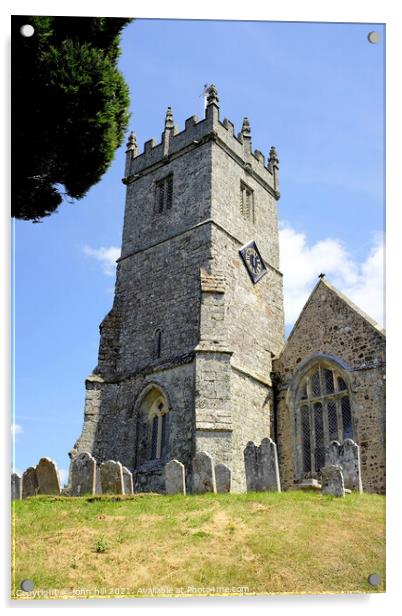 Church belltower at Godshill on Isle of Wight, UK. Acrylic by john hill