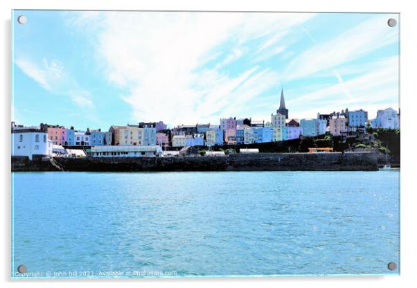 Colorful Tenby from the sea in South Wales, UK. Acrylic by john hill