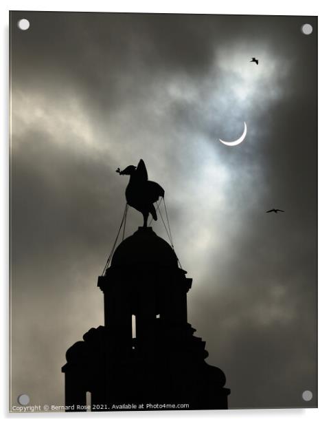 Partial Eclipse over Liverbird No.3  portrait view Acrylic by Bernard Rose Photography