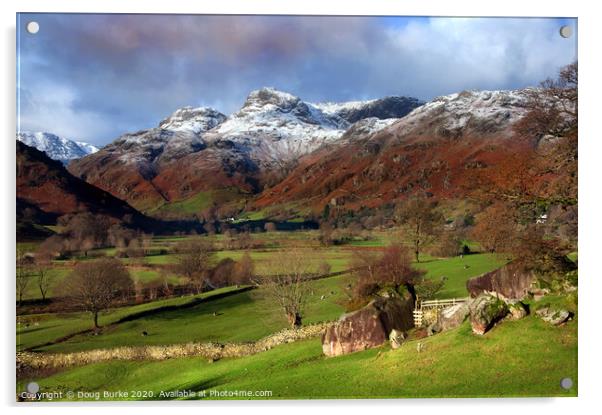 Dusting of snow on the Langdales Acrylic by Doug Burke