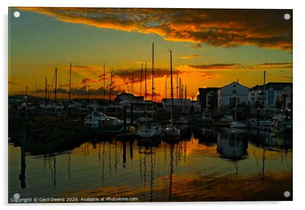 Sunset over Carrickfergus harbour. Acrylic by Cecil Owens