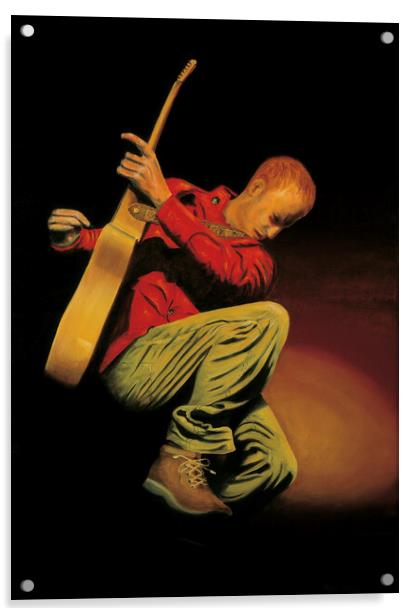 Painting of a guitarist on stage. Painted by me in 2004. Now available as prints. Acrylic by Peter Bolton