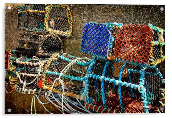 Lobster pots on a jetty at St. Ives, Cornwall, UK. Acrylic by Peter Bolton