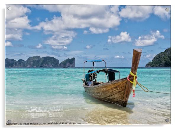 Long tail boat on the beach at Ko Phi Phi Leh, Krabi Province, Thailand. Acrylic by Peter Bolton