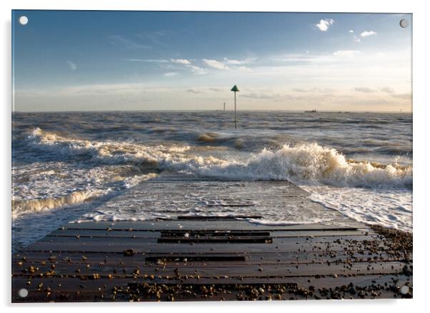 Outgoing tide at Sailing club jetty, Thorpe Bay, Essex, UK. Acrylic by Peter Bolton