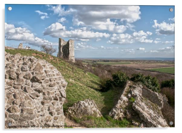 Looking from Hadleigh Castle ruins towards the Thames estuary, Essex, UK. Acrylic by Peter Bolton