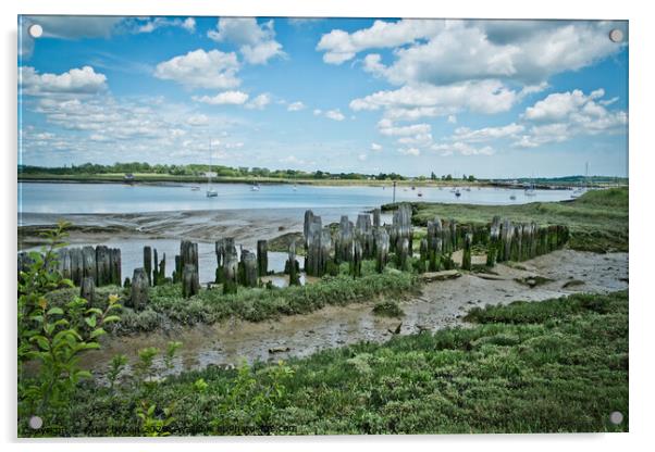 Ancient remains of fishing traps and a jetty at Fambridge on the River Crouch, Essex, UK.  Acrylic by Peter Bolton