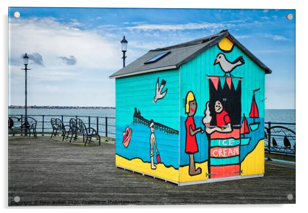 A beach hut display on the pier at Southend on Sea, Essex, Uk. Acrylic by Peter Bolton