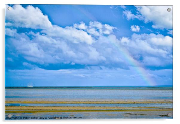 Abstract seascape with weather front and rainbow. Thorpe Bay, Essex, UK. Acrylic by Peter Bolton