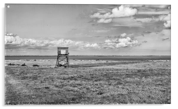 Black and white landscape of coastal nature reserve with an observation hide. At Bradwell, Essex. Acrylic by Peter Bolton