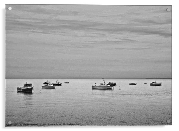Black and white study of small boats at anchor offshore at Thorpe Bay, Essex. Acrylic by Peter Bolton