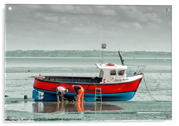 Fishermen maintain their boat at Thorpe Bay, Thames Estuary, Essex. Acrylic by Peter Bolton