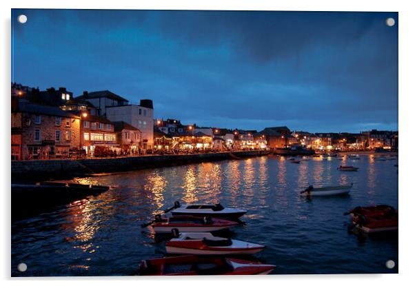 St. Ives harbour at night. Cornwall, Uk. Acrylic by Peter Bolton
