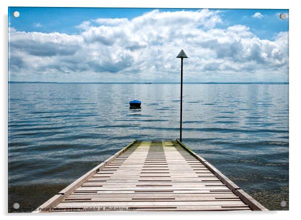 Seascape with jetty at Thorpe Bay, Essex, UK. Acrylic by Peter Bolton