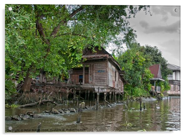 A typical dwelling on one of the canals off the Chao Phraya river, Bangkok. Acrylic by Peter Bolton