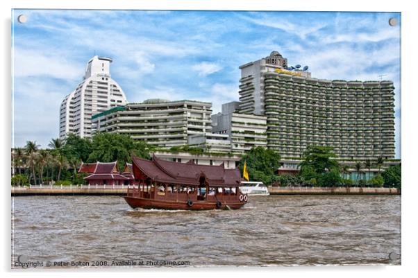A tourist junk passing condominium towers on Chao Phraya river, Bangkok, Thailand. Acrylic by Peter Bolton