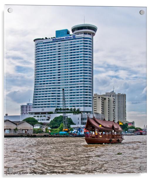 A tourist 'junk' on The Chao Phraya River passes the Millennium Hilton Hotel in Bangkok, Thailand. Acrylic by Peter Bolton