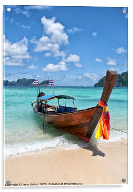 Long-tail boat pulled up on the beach, Phi Phi Island, Thailand. Acrylic by Peter Bolton