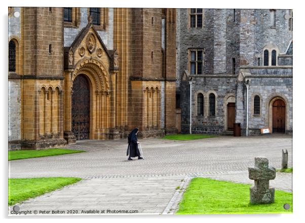A nun crosses the courtyard at Buckfast Abbey, Dev Acrylic by Peter Bolton