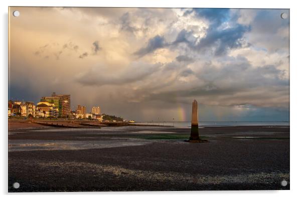 'The Crowstone' on the Thames Estuary foreshore at Chalkwell Beach, Southend on Sea, Essex, UK. Acrylic by Peter Bolton