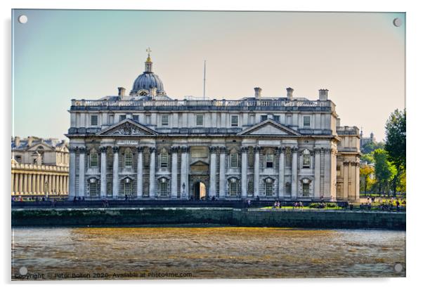 Viewed from the Thames the right wing of the Old Royal Naval college, Greenwich. Acrylic by Peter Bolton