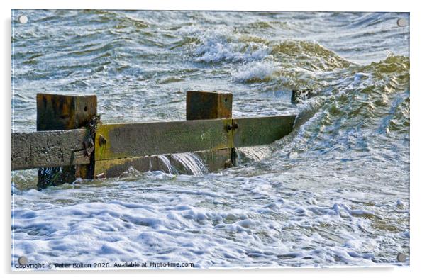 Waves break over a wooden groyne at Southend on Sea, Essex, UK Acrylic by Peter Bolton