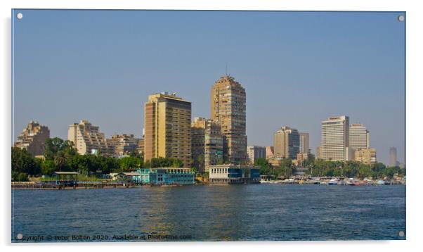 A part of the city skyline from the River Nile, Cairo, Egypt. Acrylic by Peter Bolton