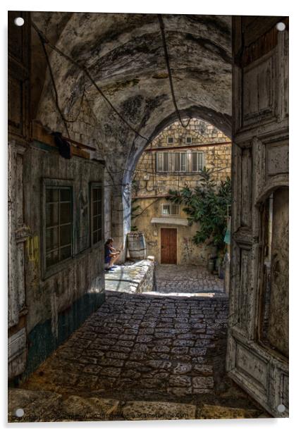 Secluded entry in the Old City, Jerusalem, Israel. Acrylic by Peter Bolton