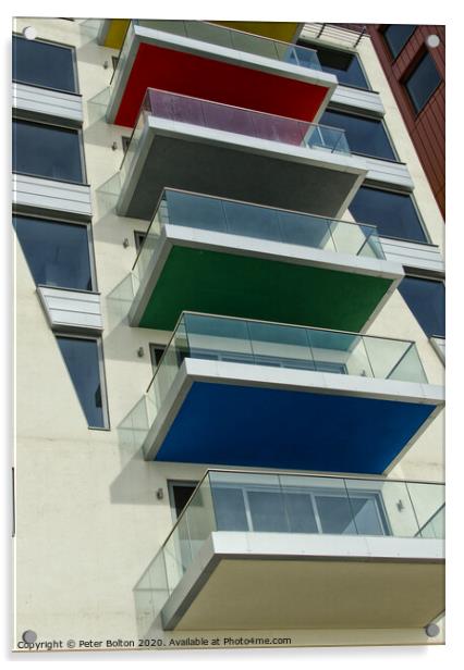 An abstract pattern formed by balconies in an apartment block at Westcliff on Sea, Essex, UK. Acrylic by Peter Bolton