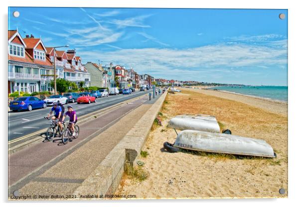 Seafront and beach at Thorpe Bay, Essex, UK. Acrylic by Peter Bolton