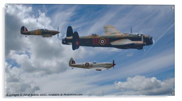 Spitfire, Hurricane and Lancaster Bomber. Battle of Britain Memorial Flight. Acrylic by Peter Bolton