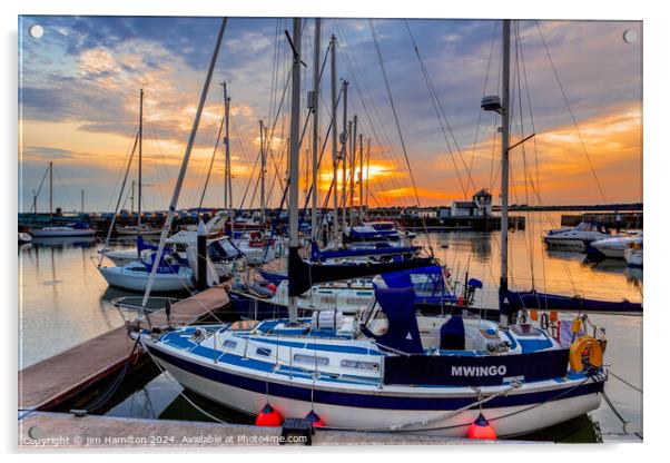 Beautiful sunset over Caernarfon Marina Wales Acrylic by jim Hamilton