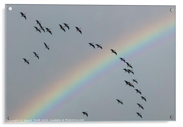 Geese and rainbow, Dee Estuary Acrylic by Robert Thrift