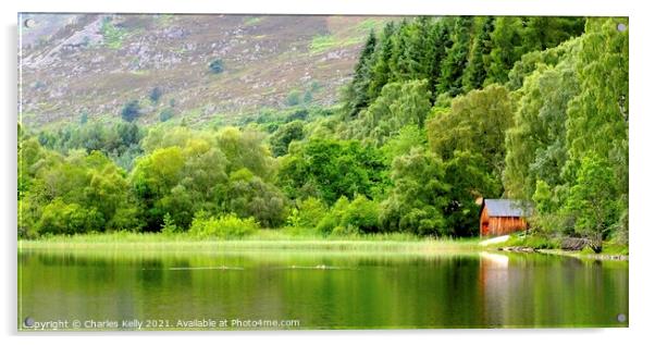 Boat House Reflections on Loch Alvie Acrylic by Charles Kelly