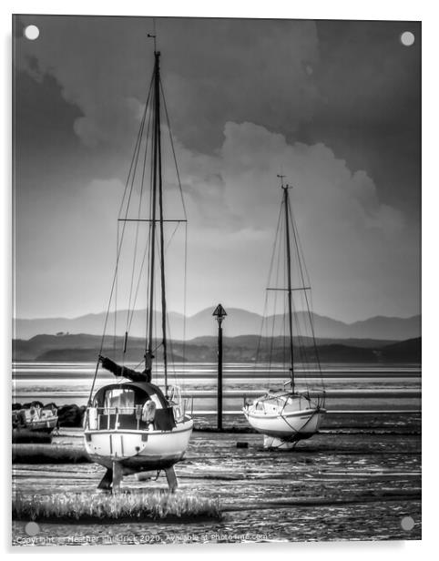 Morecambe Bay Yachts at Low Tide Black and White Acrylic by Heather Sheldrick