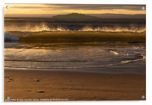 Backlit Beach Wave at Sunrise on Pettycur Beach, K Acrylic by Ken Hunter