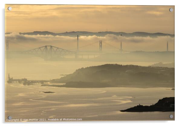 Forth Bridges in Misty Sunset Acrylic by Ken Hunter